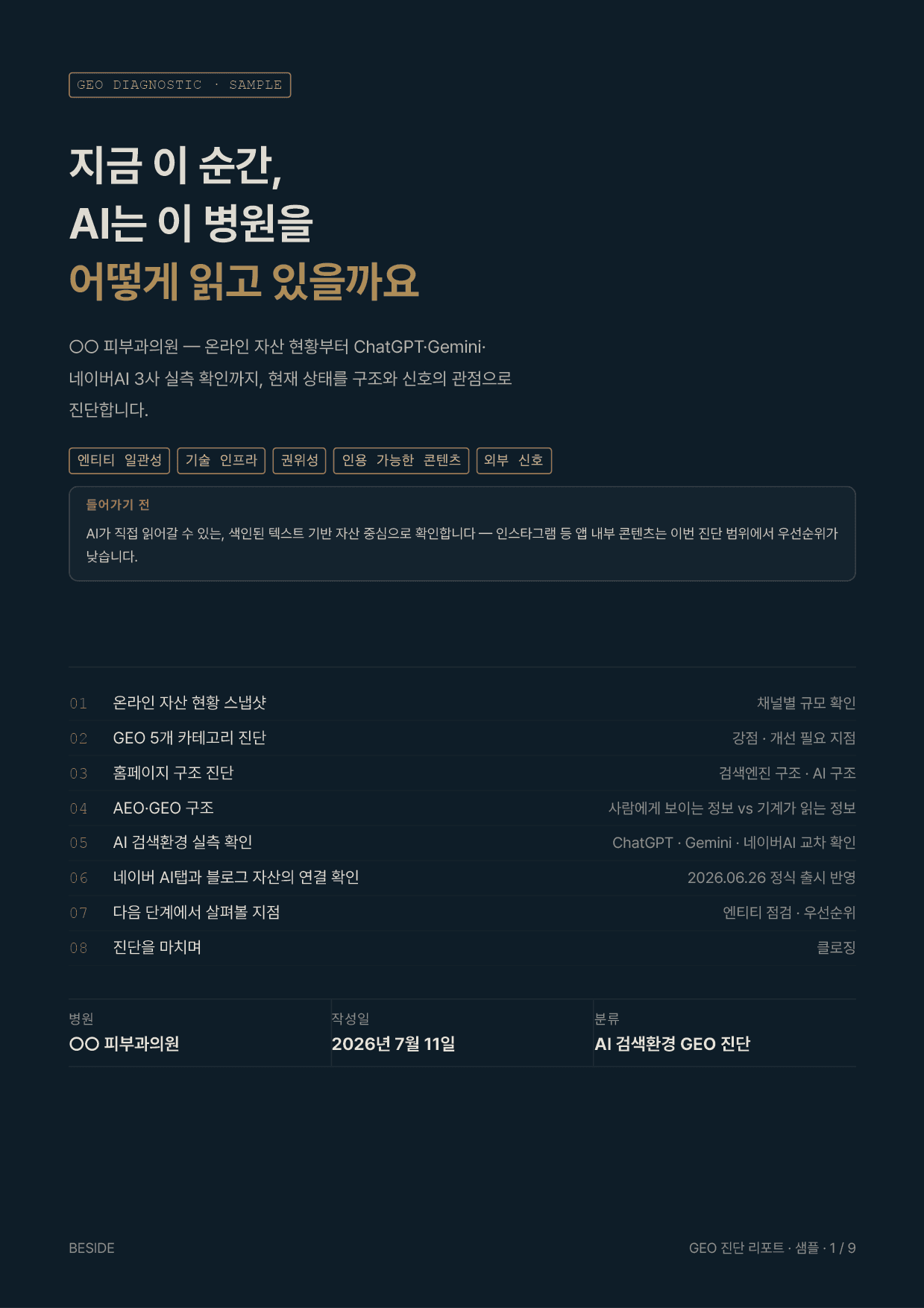 샘플 GEO 분석 리포트 표지 (병원 정보 익명 처리)