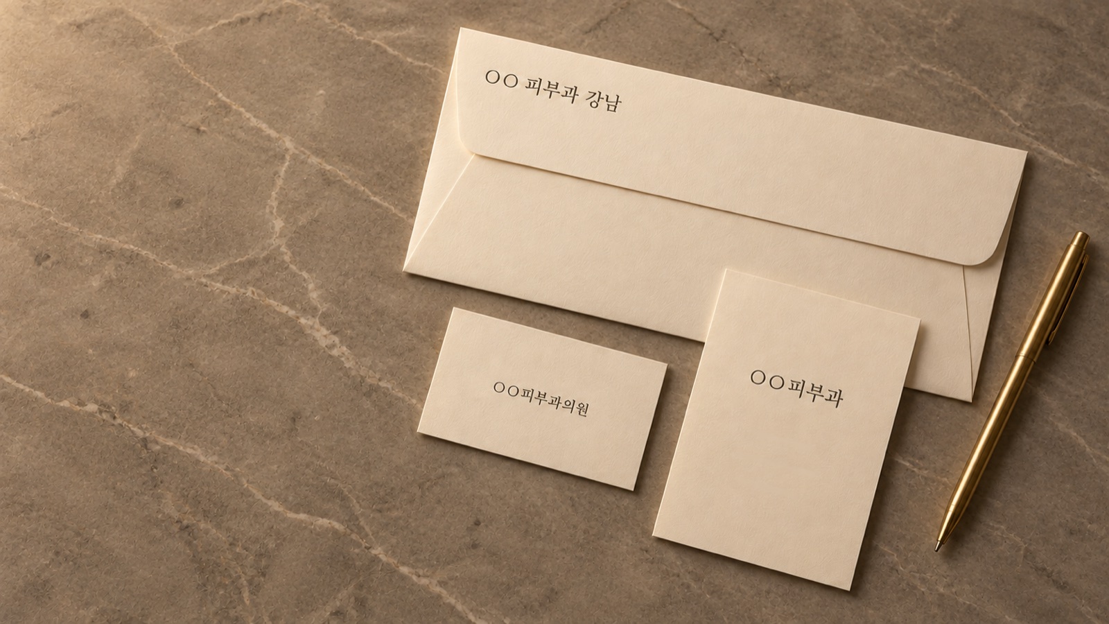 따뜻한 회색 천연석 위에 같은 병원의 명함, 예약 안내 카드, 봉투가 놓여 있고, 각각 ○○피부과의원, ○○피부과, ○○ 피부과 강남으로 병원 이름이 조금씩 다르게 인쇄된 이미지